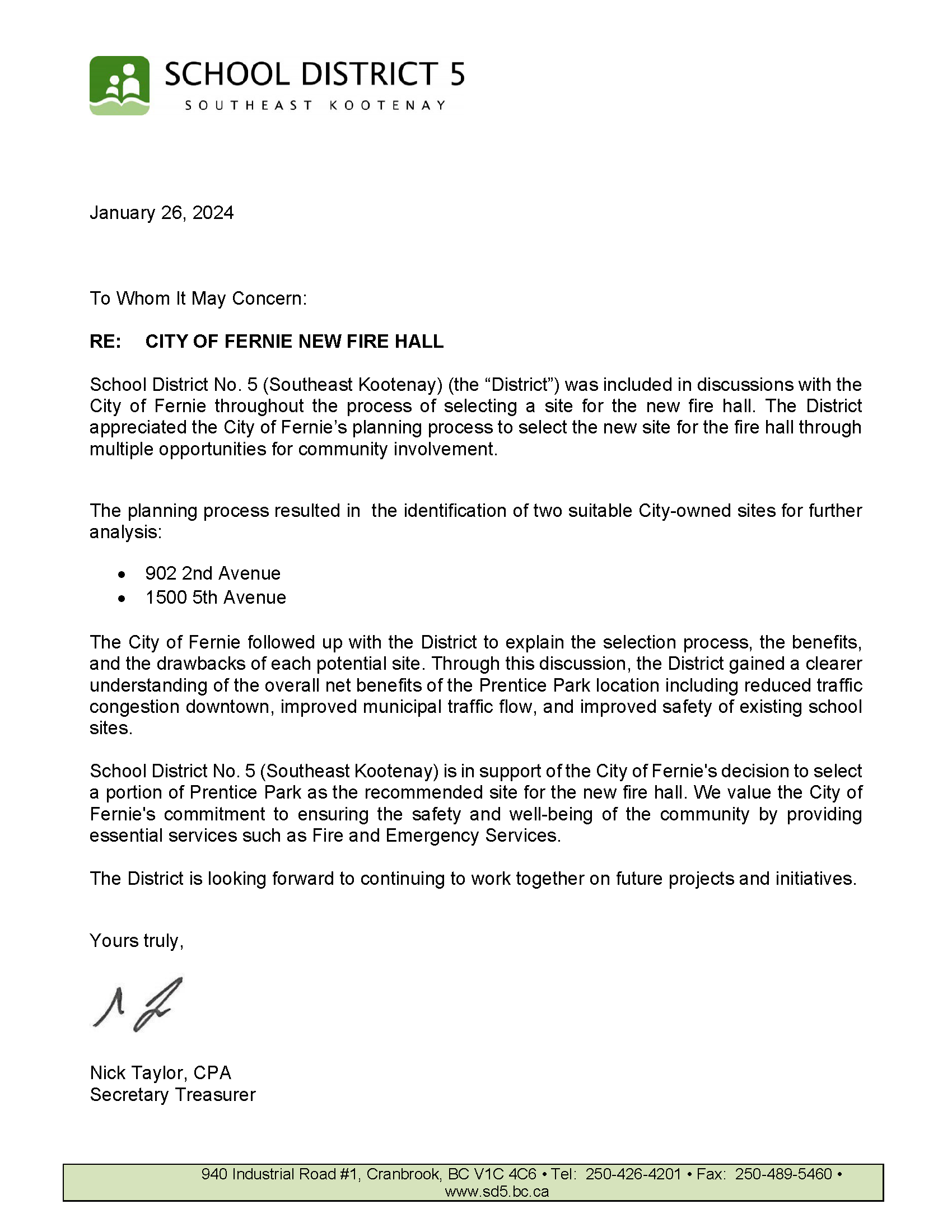 City of Fernie New Fire Hall - Letter of Support